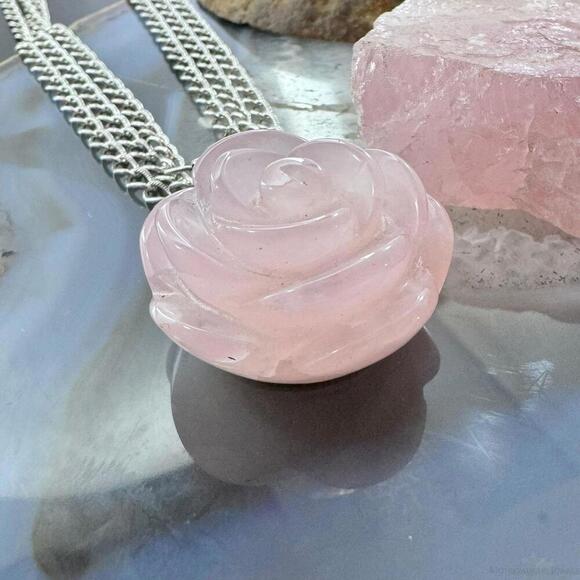 Carolyn Pollack Sterling Carved Rose Quartz Rose Pendant With Chain Necklace - Picture 4 of 10